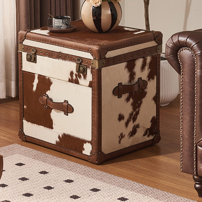 Traditional Vintage Cow Square Wood Veneer End Table 2-Tier For Living Room