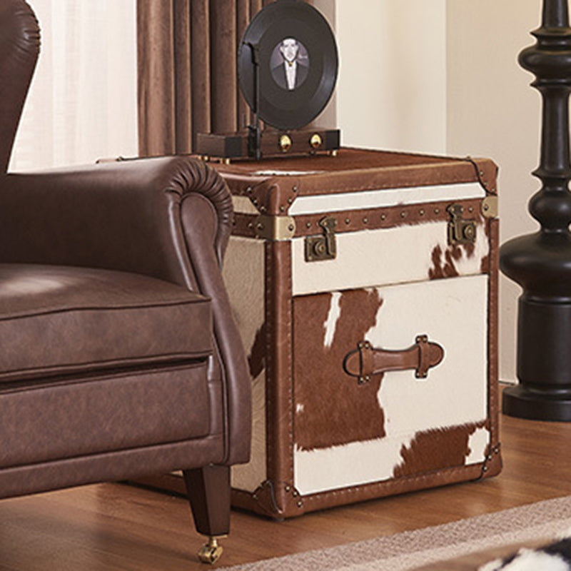 Traditional Vintage Cow Square Wood Veneer End Table 2-Tier For Living Room