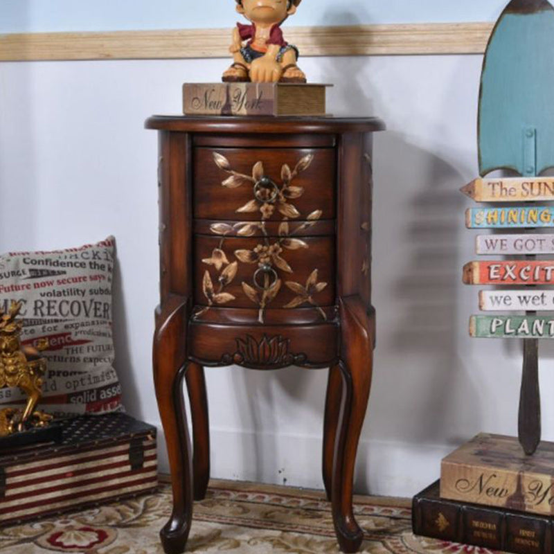 Traditional Vintage Round Cylindrical Wood Glass Side Table 2-Drawer For Living Room