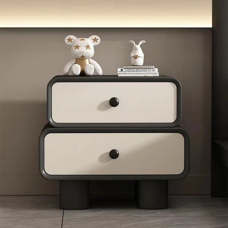 Contemporary Scandinavian Cream Rectangle Square Wood Nightstand 2-Drawer For Bedroom