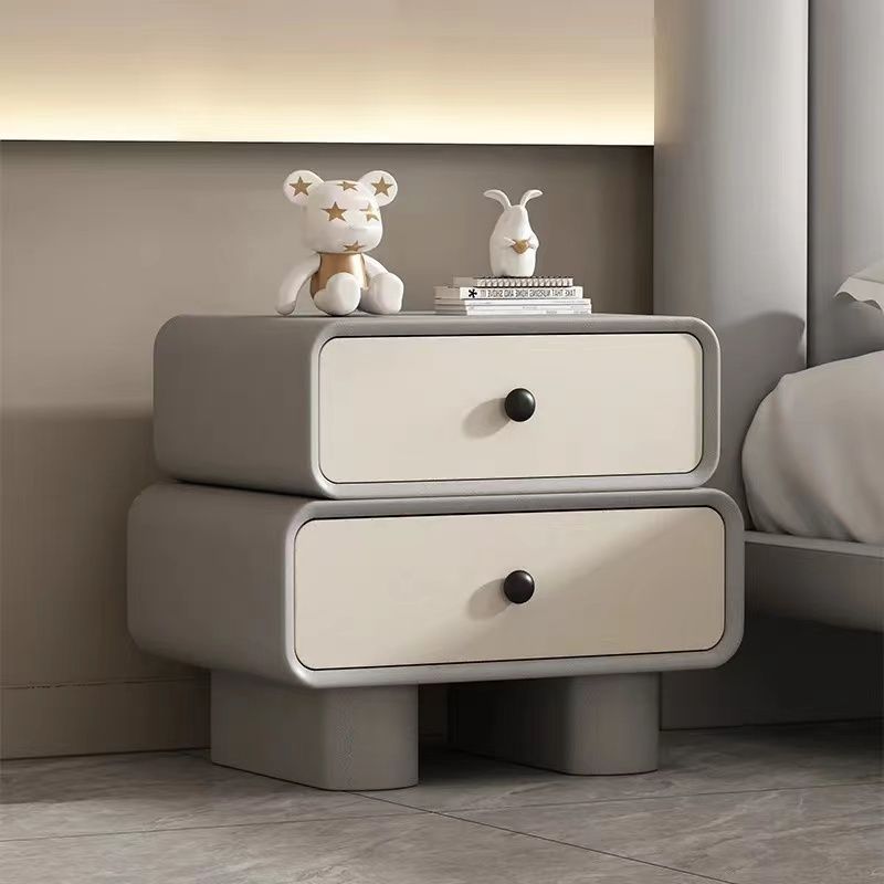 Contemporary Scandinavian Cream Rectangle Square Wood Nightstand 2-Drawer For Bedroom