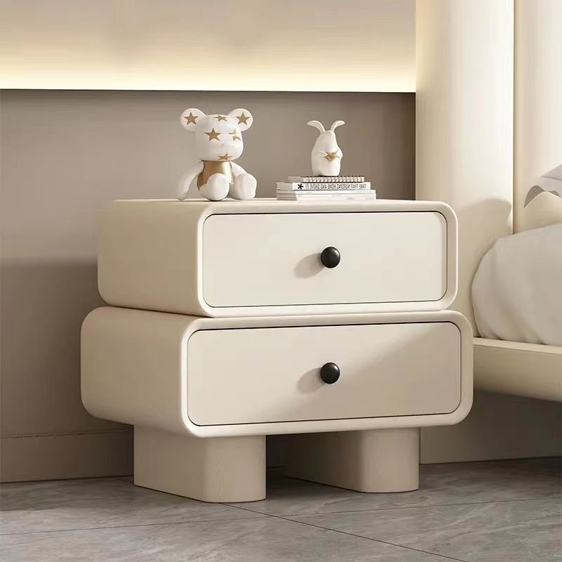 Contemporary Scandinavian Cream Rectangle Square Wood Nightstand 2-Drawer For Bedroom