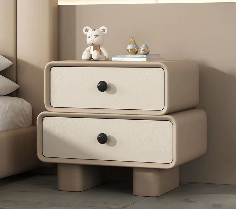 Contemporary Scandinavian Cream Rectangle Square Wood Nightstand 2-Drawer For Bedroom