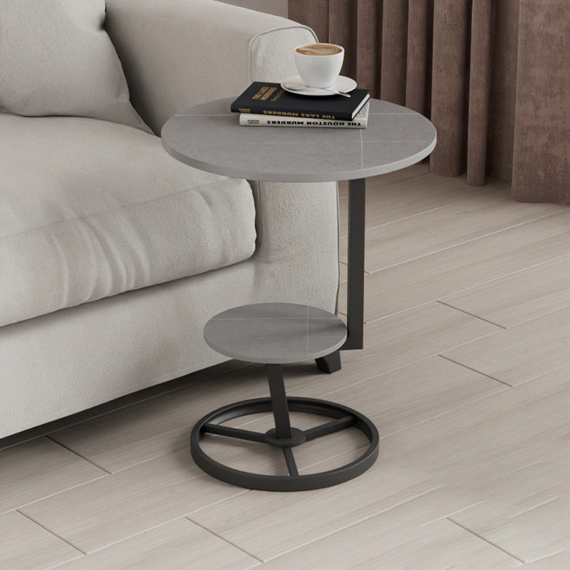 Contemporary Creative Round Iron Rock Slab End Table 2-Tier For Living Room