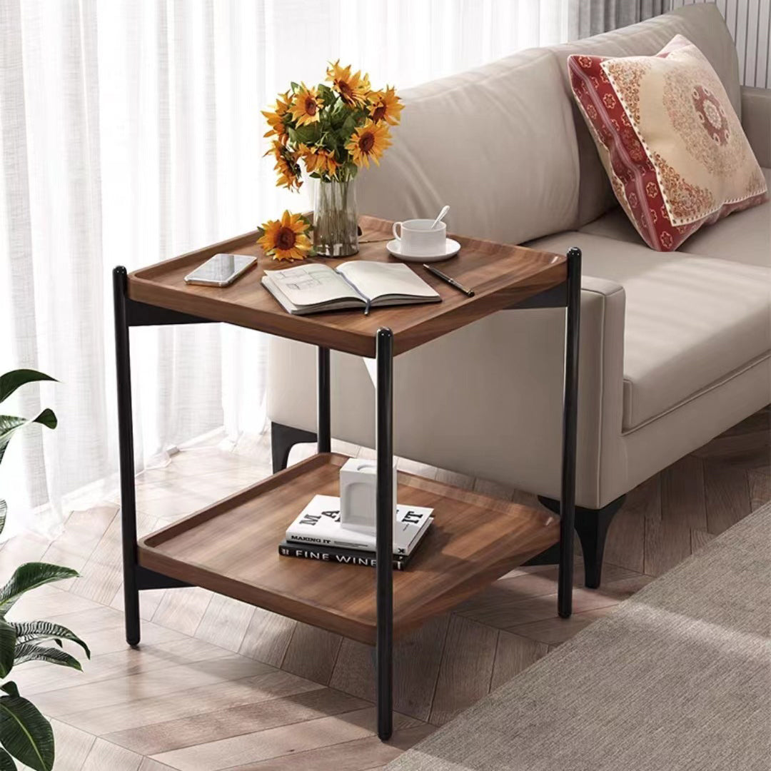 Modern Minimalist Rectangular Square Wood Metal Side Table 2-Tier For Living Room