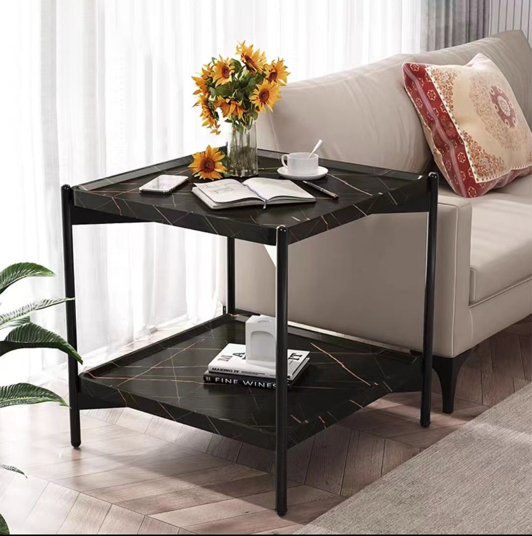 Modern Minimalist Rectangular Square Wood Metal Side Table 2-Tier For Living Room