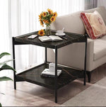 Modern Minimalist Rectangular Square Wood Metal Side Table 2-Tier For Living Room