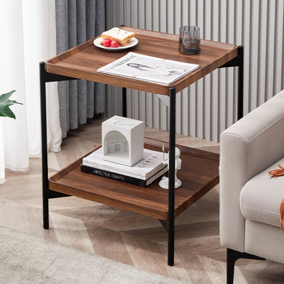 Modern Minimalist Rectangular Square Wood Metal Side Table 2-Tier For Living Room