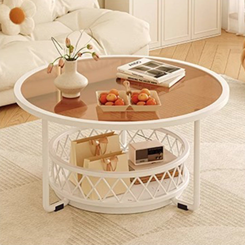 Modern Minimalist Round Tabletop Tempered Glass Iron Coffee Table 1-Shelf For Living Room