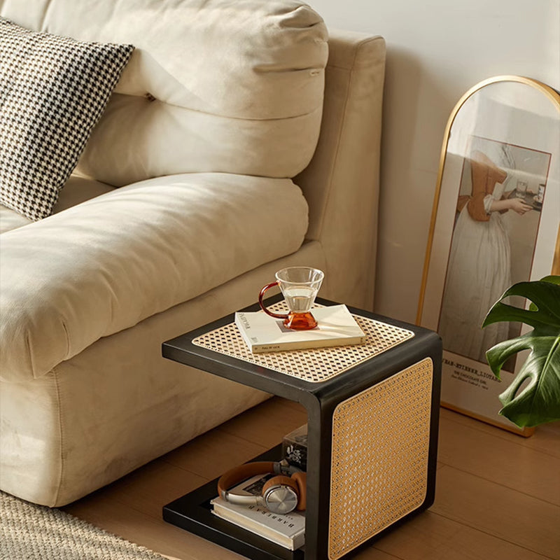 Traditional Vintage Square Rubberwood Rattan Side Table For Living Room