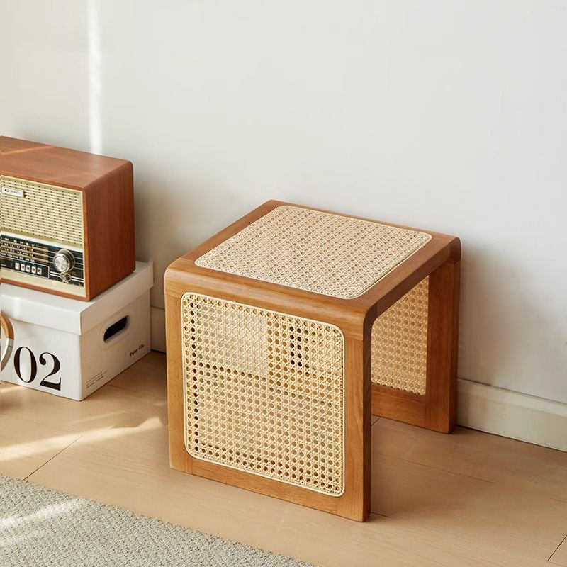 Traditional Vintage Square Rubberwood Rattan Side Table For Living Room