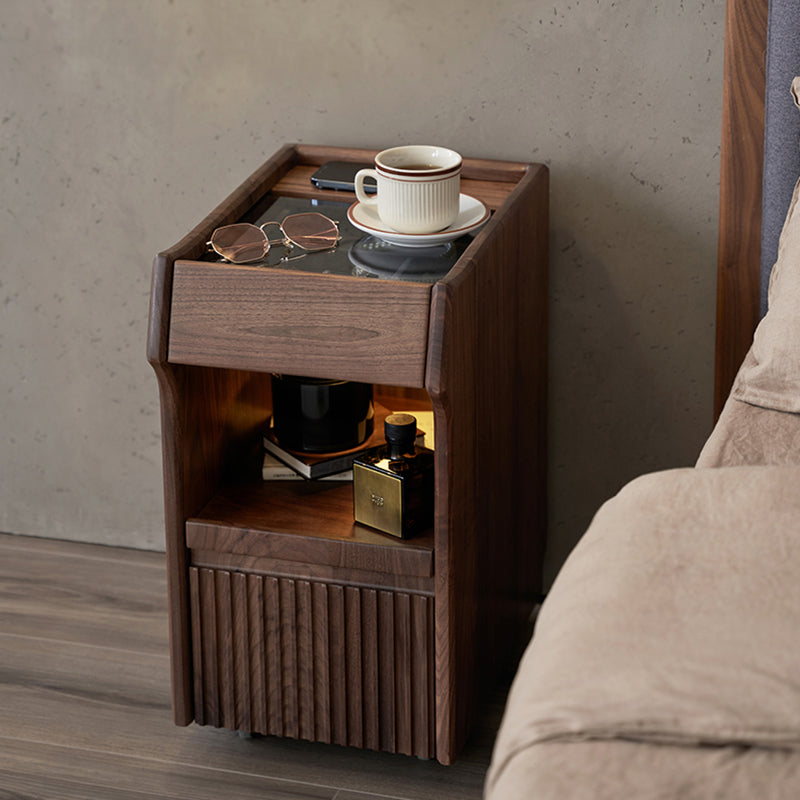 Traditional Vintage Square Tabletop Black Walnut Glass Nightstand 1-Drawer For Bedroom