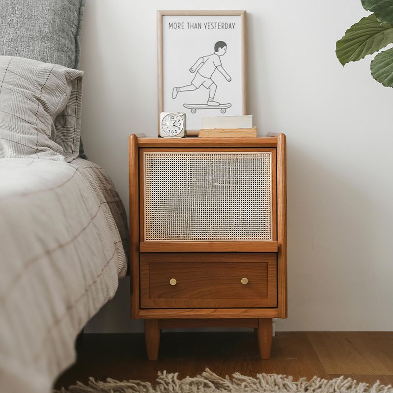 Traditional Vintage Rectangular Solid Wood Rattan Nightstand 2-Drawer For Bedroom