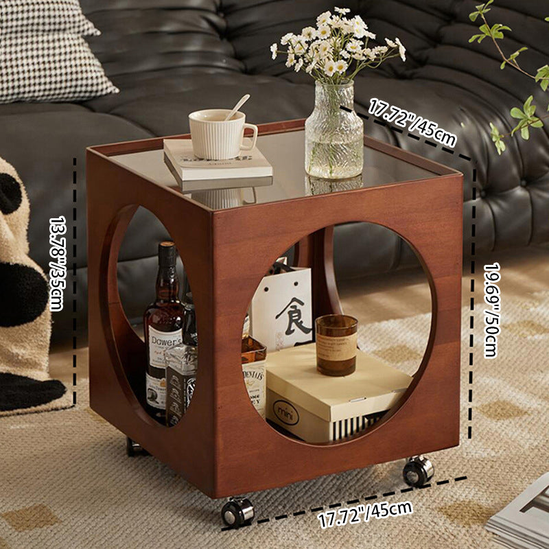 Traditional Vintage Square Tabletop Solid Wood Rattan Side Table 1-Storage For Living Room