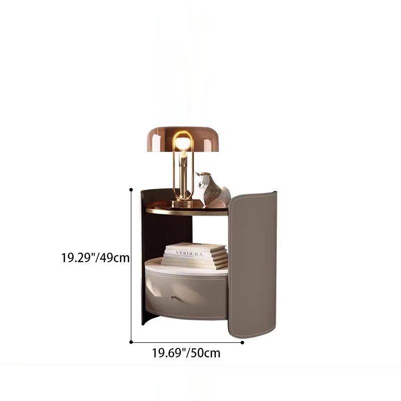 Modern Luxury Round Saddle Leather Glass Solid Wood Nightstand 1-Drawer For Bedroom