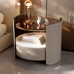 Modern Luxury Round Saddle Leather Glass Solid Wood Nightstand 1-Drawer For Bedroom