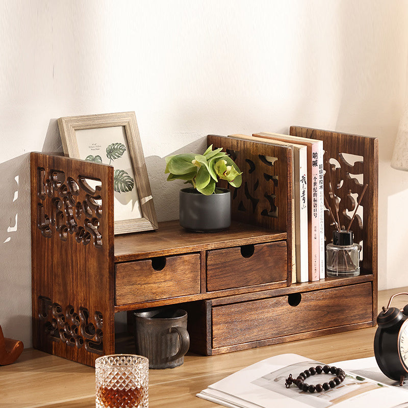 Traditional Vintage Rectangular Teak Bookshelf 4-Drawer For Home Office