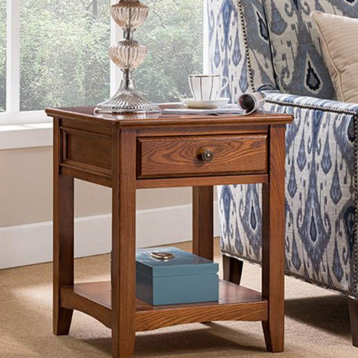 Traditional European Square Rectangle Solid Wood End Table 2-Tier For Living Room