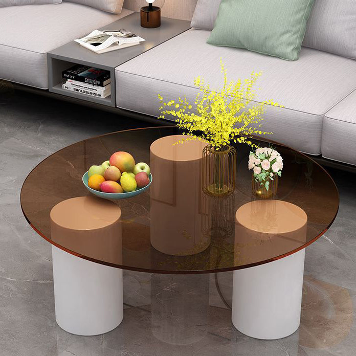 Modern Minimalist Round Column Rock Panel Glass Steel Frame End Table 1-Tier For Living Room