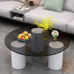 Modern Minimalist Round Column Rock Panel Glass Steel Frame End Table 1-Tier For Living Room