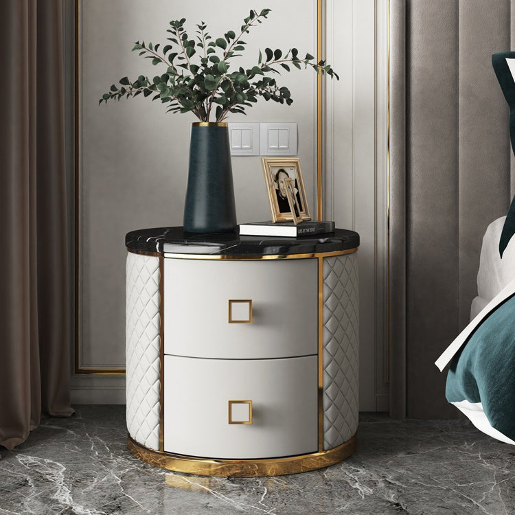 Modern Luxury Diamond Round Marble Microfiber Leather Gold-plated Stainless Steel Solid Wood Nightstand 2-Drawer For Bedroom