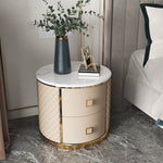 Modern Luxury Diamond Round Marble Microfiber Leather Gold-plated Stainless Steel Solid Wood Nightstand 2-Drawer For Bedroom