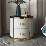 Modern Luxury Diamond Round Marble Microfiber Leather Gold-plated Stainless Steel Solid Wood Nightstand 2-Drawer For Bedroom