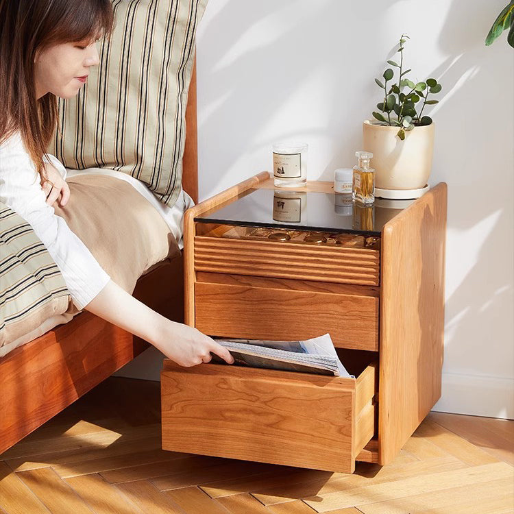 Modern Minimalist Removable Square Glass Solid Wood Nightstand 2-Drawer For Bedroom