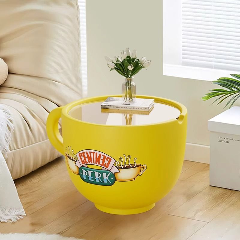 Contemporary Creative Coffee Cup Shape Tempered Glass Stainless Steel End Table 1-Tier For Living Room