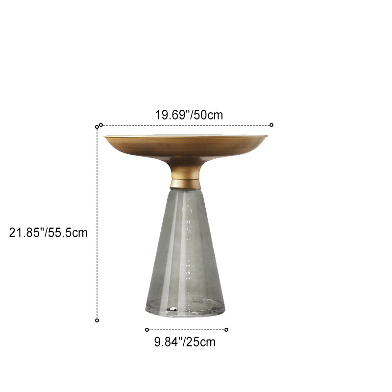 Contemporary Scandinavian Round Cone Tempered Glass Copper Metal Glass End Table 1-Tier For Living Room