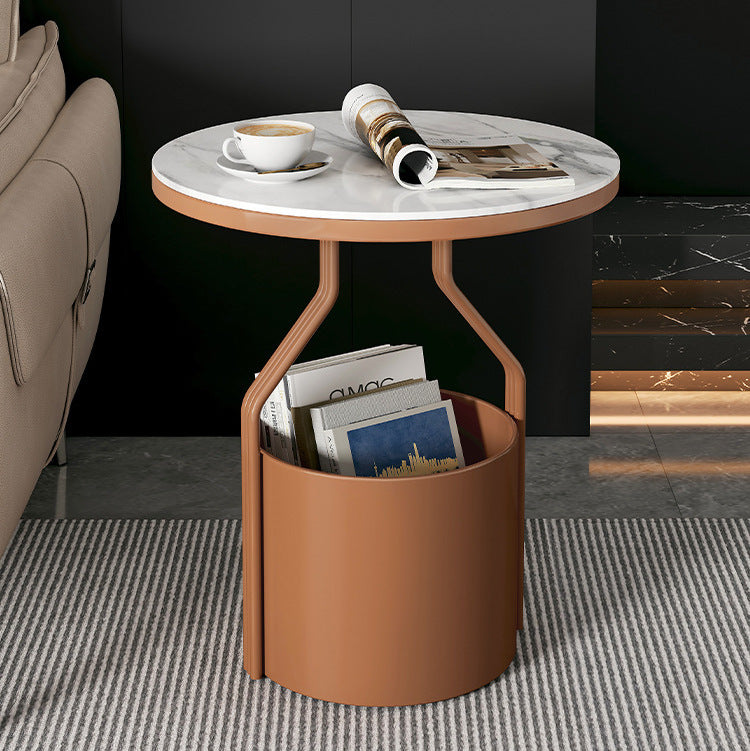 Modern Luxury Round Column Rock Panel Tempered Glass Metal End Table 1-Tier For Living Room