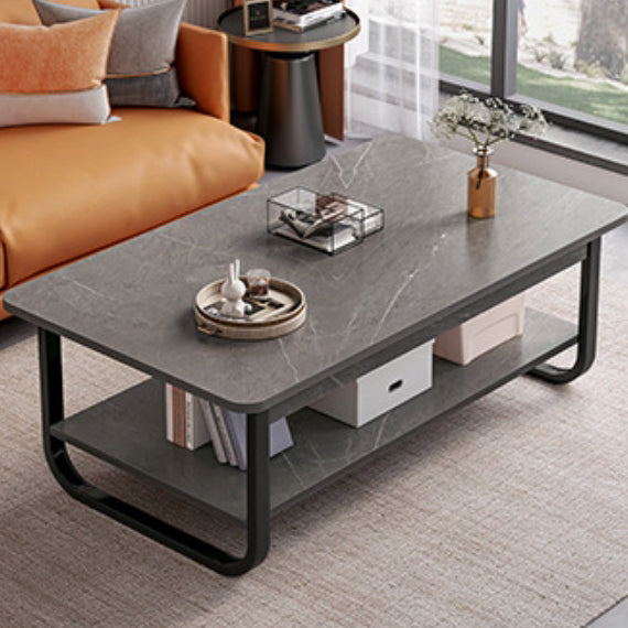 Modern Minimalist Rectangular Plate Steel Coffee Table 2-Tier For Living Room