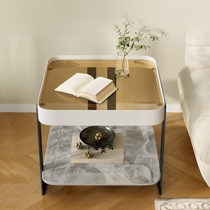 Modern Simplicity Square Slab Reinforced Glass Iron End Table 2-Tier For Living Room