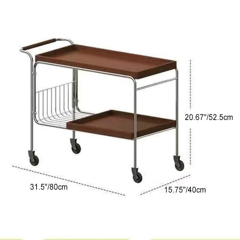 Modern Mid-Century Rectangular Trolley Metal Wood Plate Side Table 2-Tier Movable For Living Room