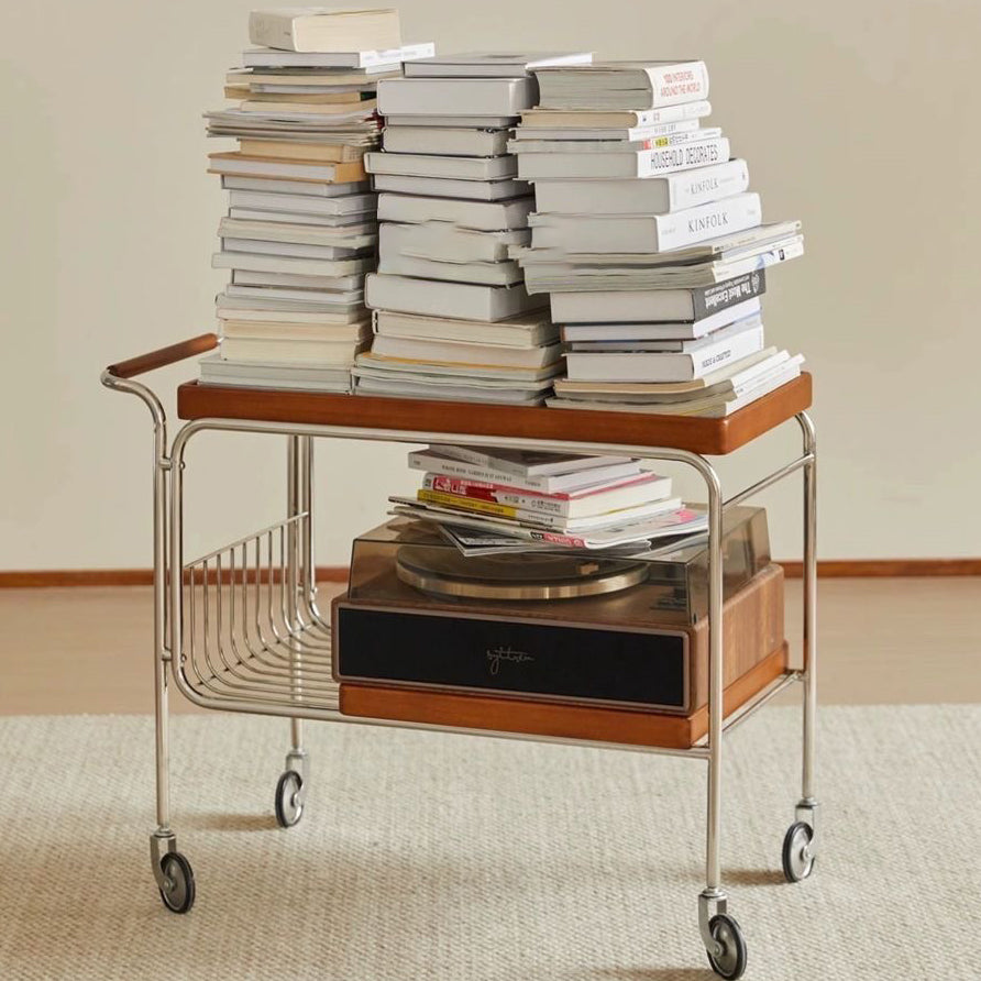 Modern Mid-Century Rectangular Trolley Metal Wood Plate Side Table 2-Tier Movable For Living Room