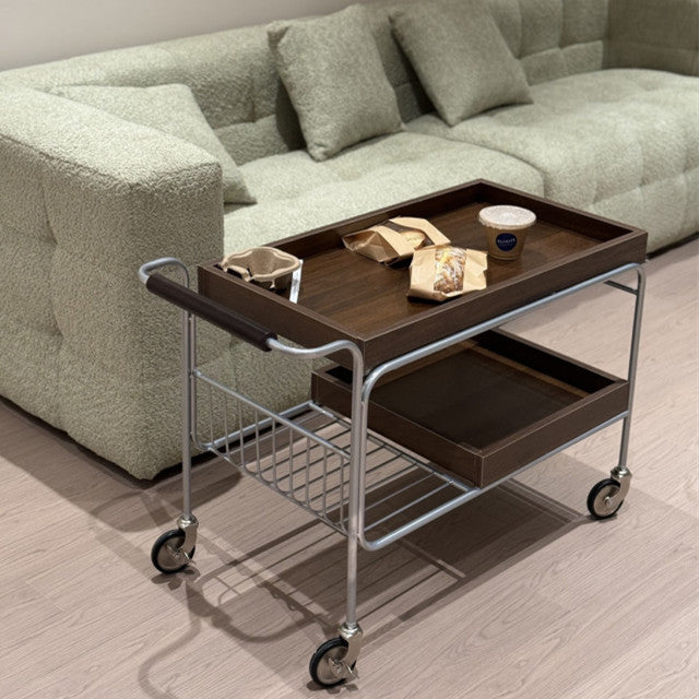 Modern Mid-Century Rectangular Trolley Metal Wood Plate Side Table 2-Tier Movable For Living Room