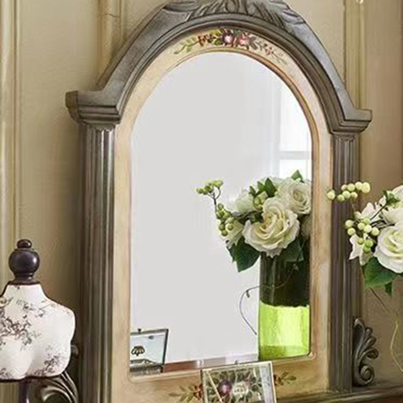 Traditional European Elliptical Mirror Rectangular Painting Wood Plate Makeup Vanity & Stool Set For Bedroom