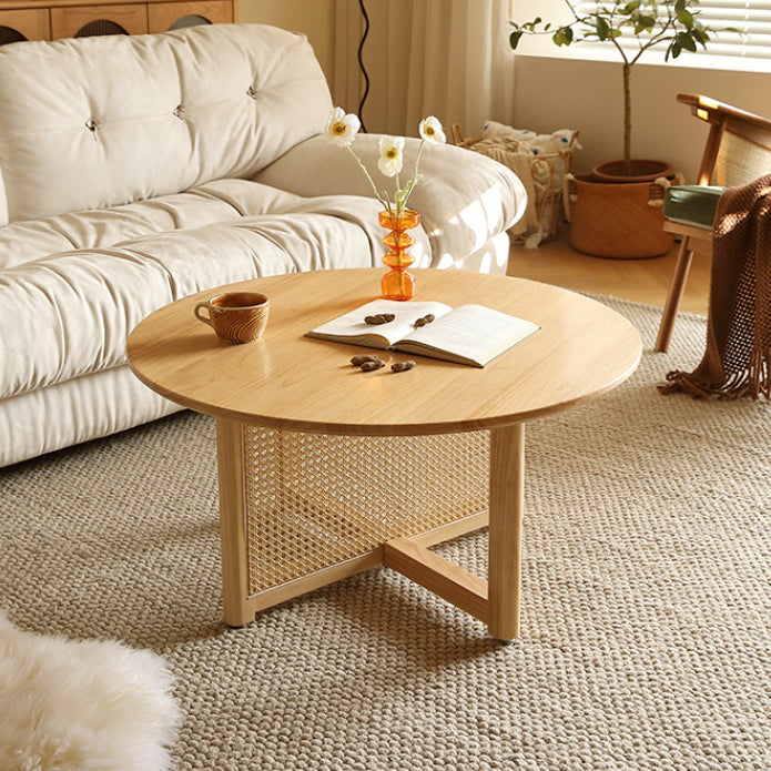 Traditional Japanese Weaving Round Rattan Wood Coffee Table For Living Room