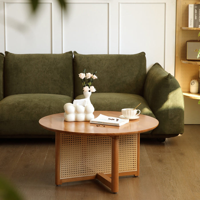 Traditional Japanese Weaving Round Rattan Wood Coffee Table For Living Room