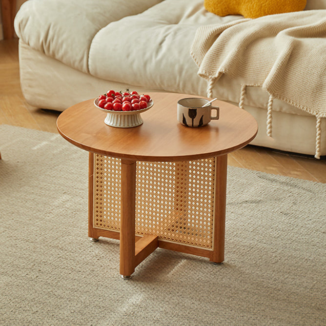 Traditional Japanese Weaving Round Rattan Wood Coffee Table For Living Room