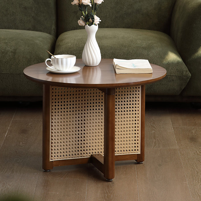 Traditional Japanese Weaving Round Rattan Wood Coffee Table For Living Room