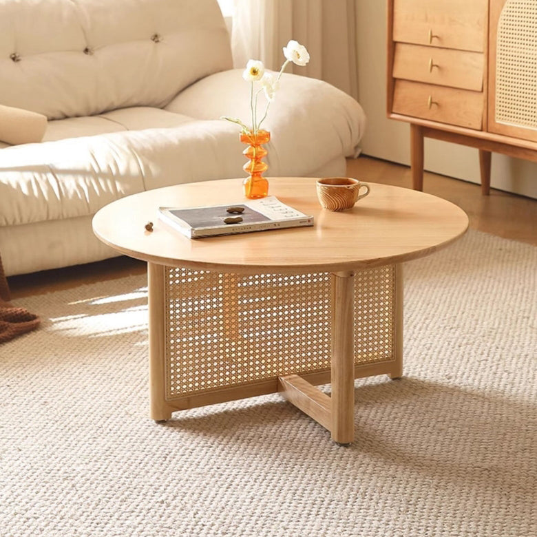 Traditional Japanese Weaving Round Rattan Wood Coffee Table For Living Room