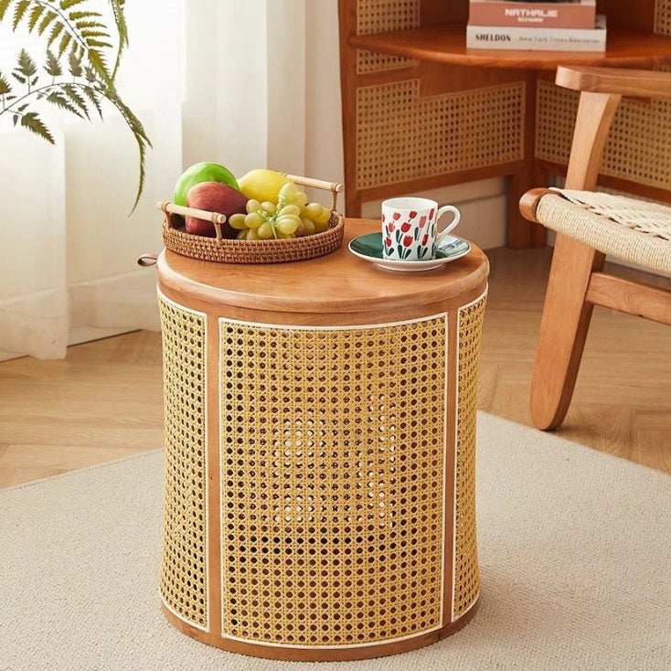 Traditional Japanese Weaving Round Cylinder Rubber Wood Imitation Rattan End Table 1-Storage With Cover For Living Room