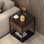 Modern Minimalist Square Reinforced Glass Slab Iron End Table 2-Tier For Living Room