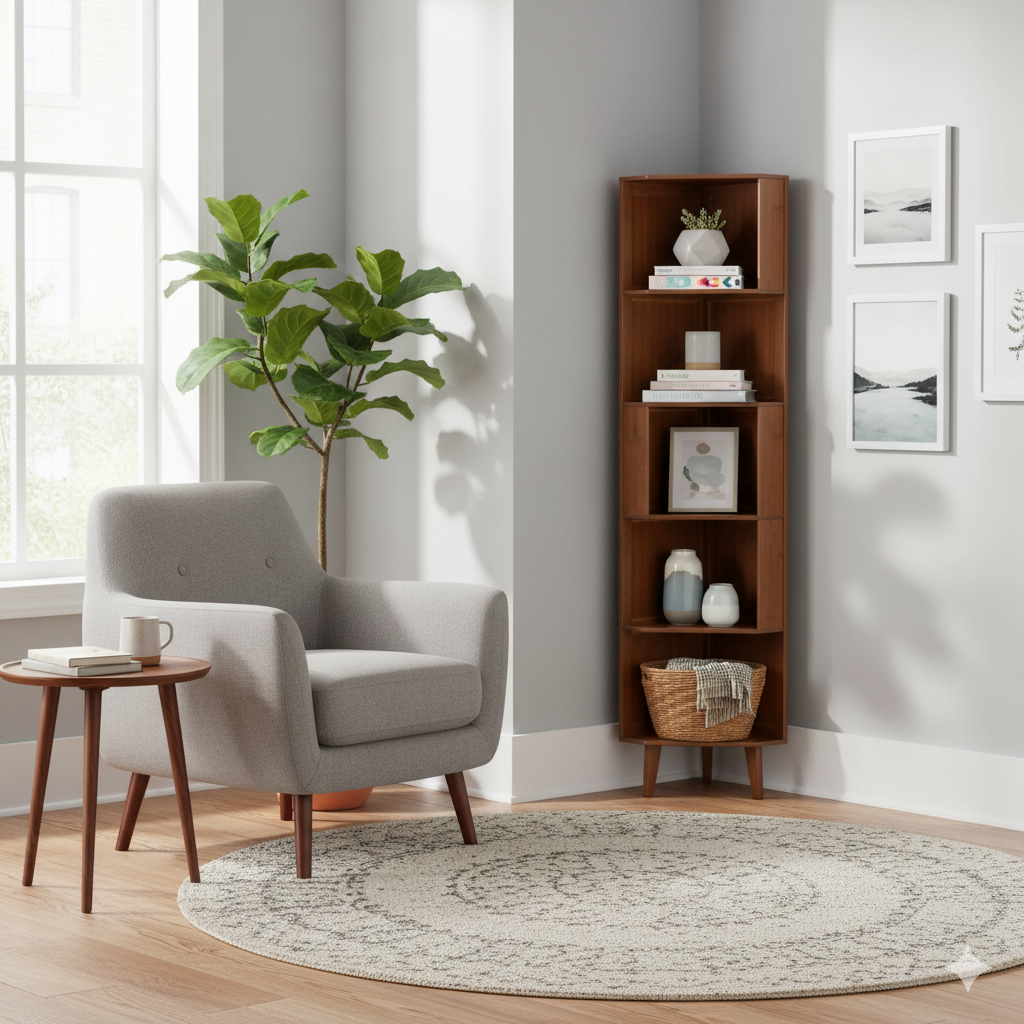 Traditional Vintage Rectangular Moso Bamboo Medium-Density Fiberboard Corner Cabinet 3/4/5-Tier For Living Room