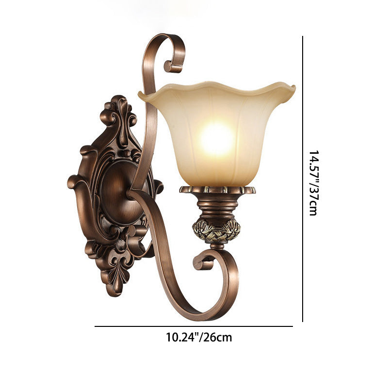 Traditional Rustic Frosted Glass Flower Shade Iron Resin 1/2 Light Wall Sconce Lamp For Bedroom