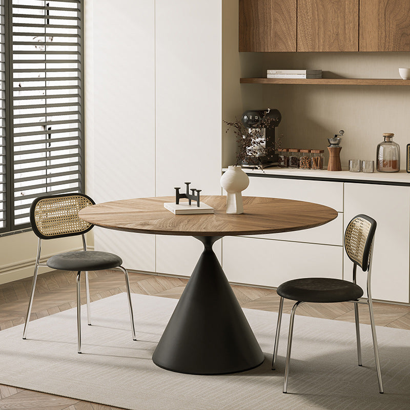 Contemporary Retro Round Conic Walnut Carbon Steel Dining Table For 2 Seats