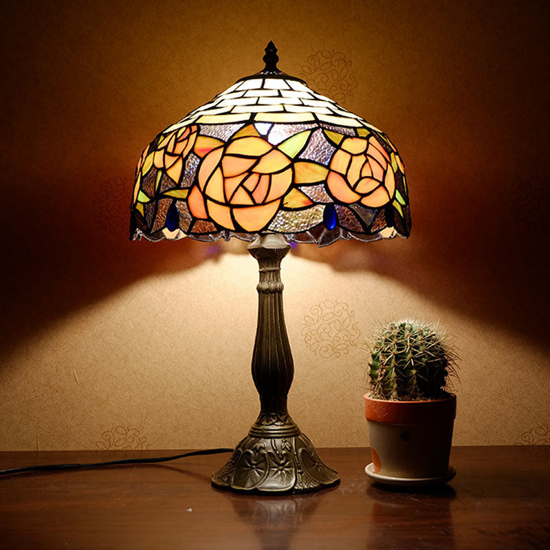 Traditional Tiffany Vintage Rose Stained Glass 1-Light Table Lamp For Study