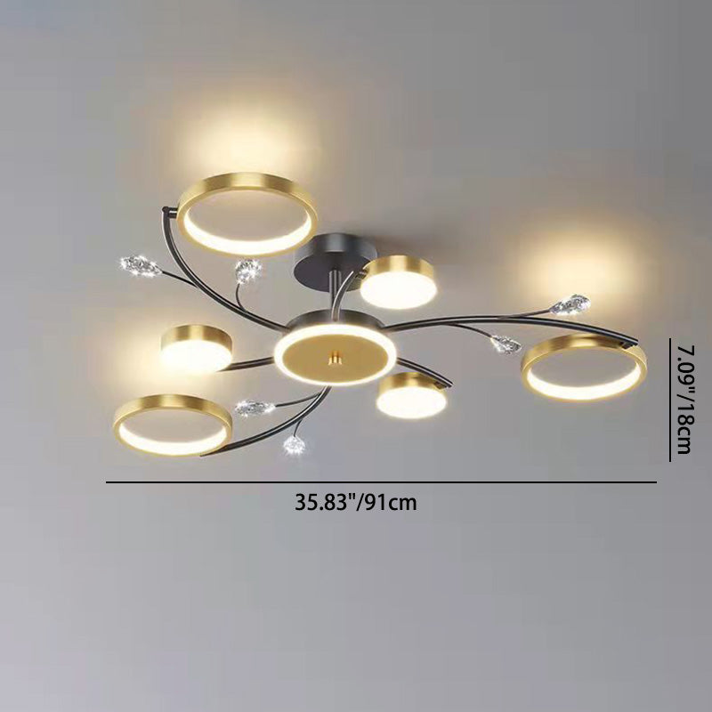 Modern Luxury Branch Round Hardware Iron Acrylic Crystal Silicone LED Semi-Flush Mount Ceiling Light For Living Room