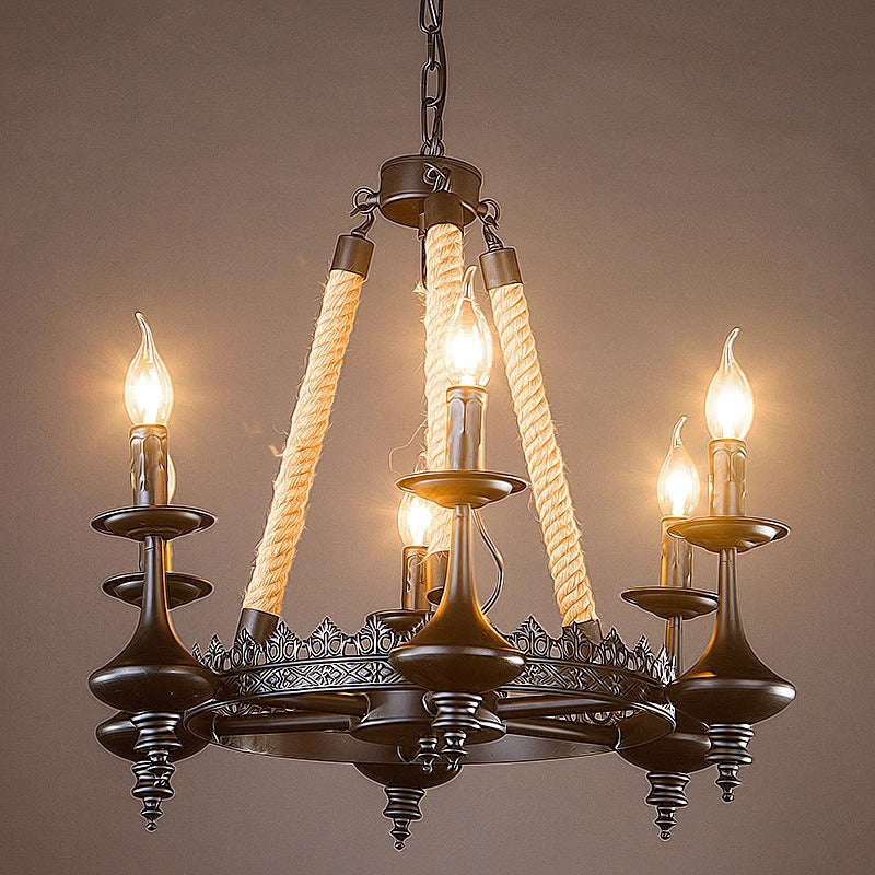 Traditional Vintage Round Candelabra Iron Hemp Rope 3/6/8 Light Chandelier For Living Room